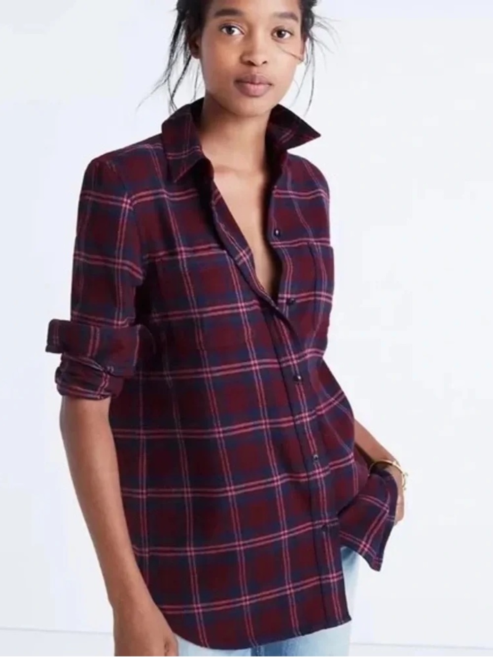 Madewell Women’s Burgundy and Navy Plaid Flannel Shirt